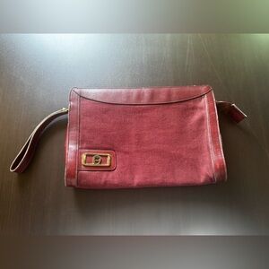 Vintage Etienne Aigner Clutch Wristlet Burgundy Canvas Leather Logo 70s 80s
